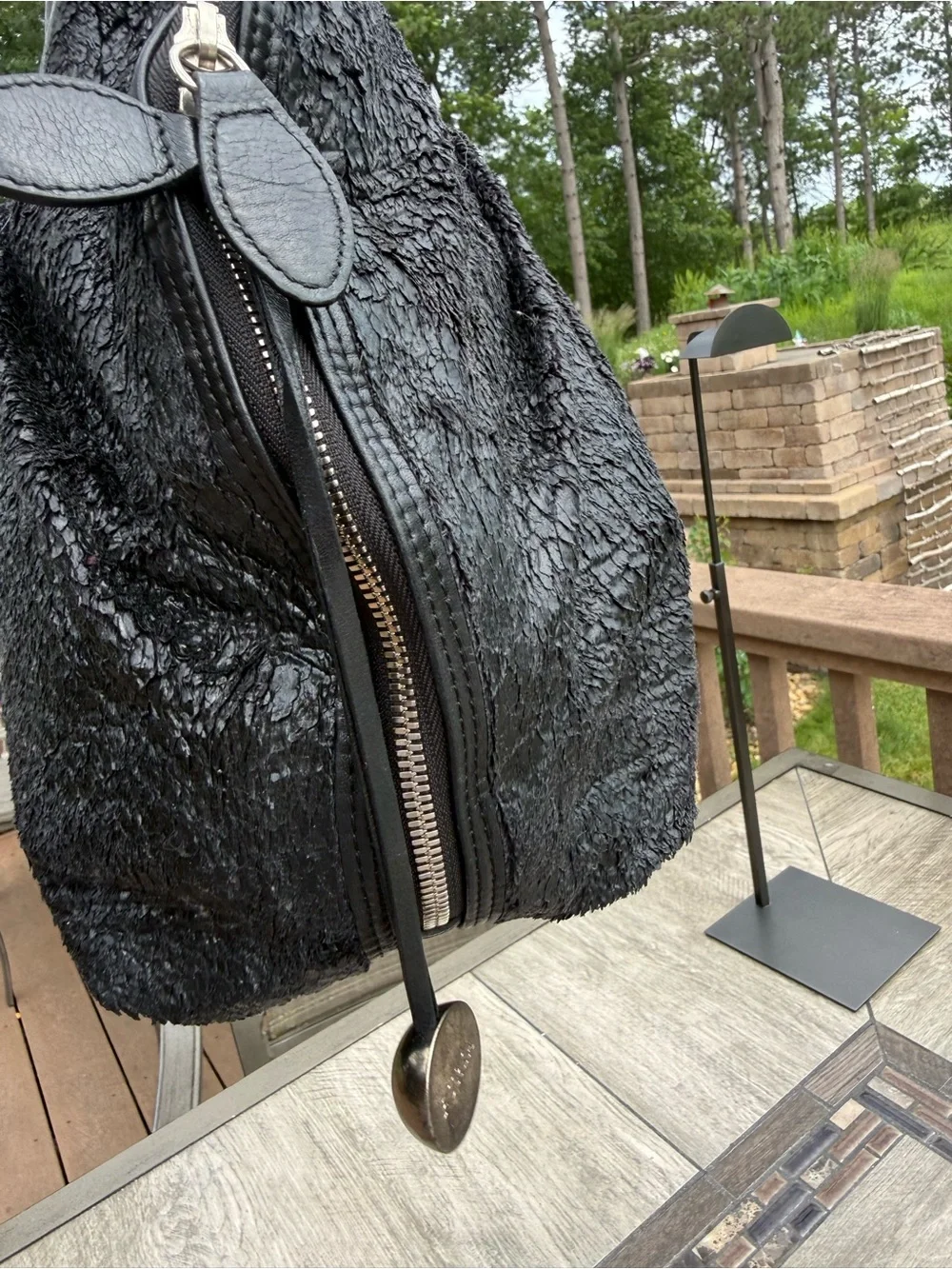 EUC Furla Black mixed-texture design Leather Satchel Rare Vintage Tote Bag - Picture 8 of 11